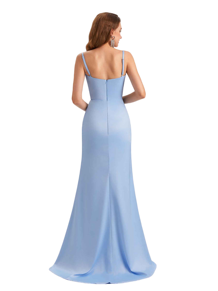 Elegant Silky Satin Spaghetti Straps Mermaid V-Neck Side Slit Ruched Long Bridesmaid Dresses