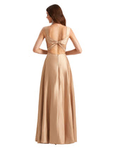 Elegant Silky Satin Spaghetti Straps A-Line Side Slit Floor Length Bridesmaid Dresses Online