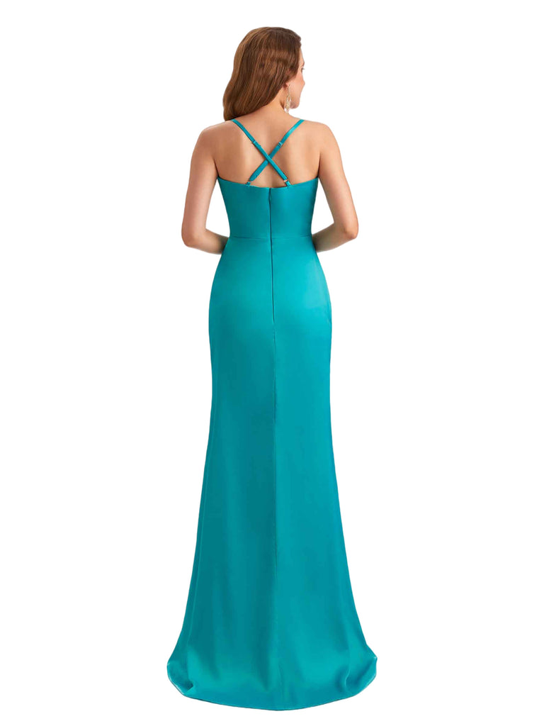 Sexy V-Neck Spaghetti Straps Mermaid Side Slit Silky Satin Long Bridesmaid Dresses Online