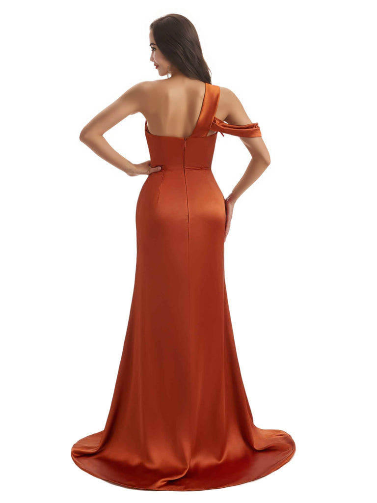 Sexy One Shoulder Mermaid Long Wedding Bridesmaid Dresses With Slit