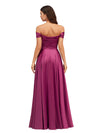 Elegant Off Shoulder A-Line Side Slit Soft Satin Long Bridesmaid Dresses