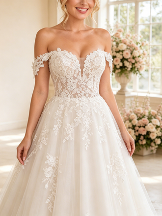 ChicSew Elegant Off The Shoulder A-Line Lace Tulle Long Wedding Dresses