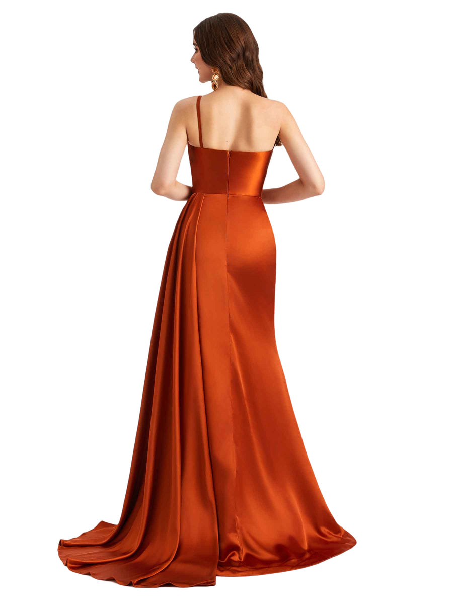 Sexy One Shoulder Silky Satin Side Split Mermaid Long Bridesmaid Dresses Online
