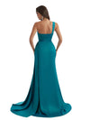 Elegant One Shoulder Mermaid Ruched Satin Chic Long Bridesmaid Dresses Slit Online