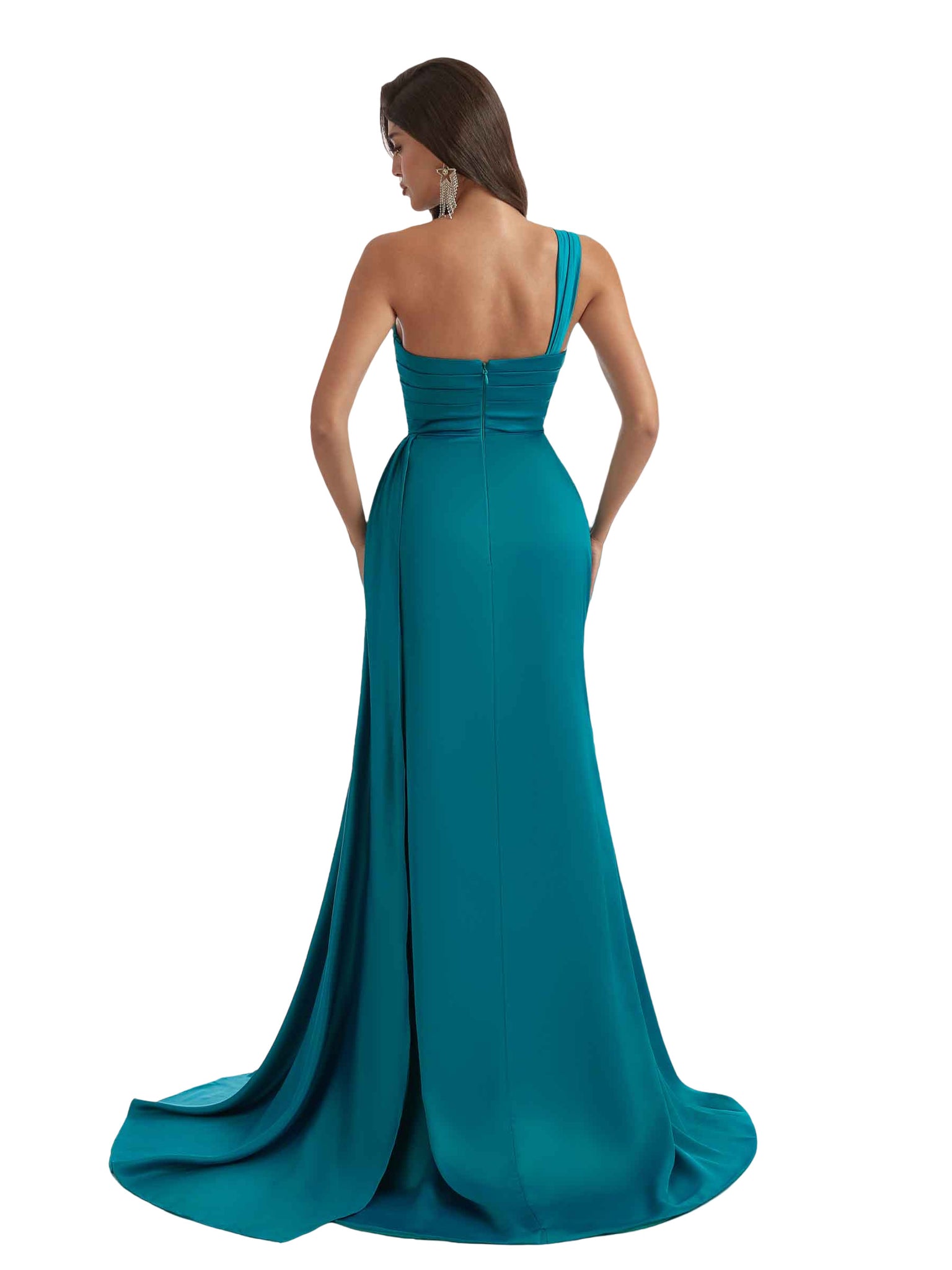 Elegant One Shoulder Mermaid Ruched Satin Chic Long Bridesmaid Dresses Slit Online