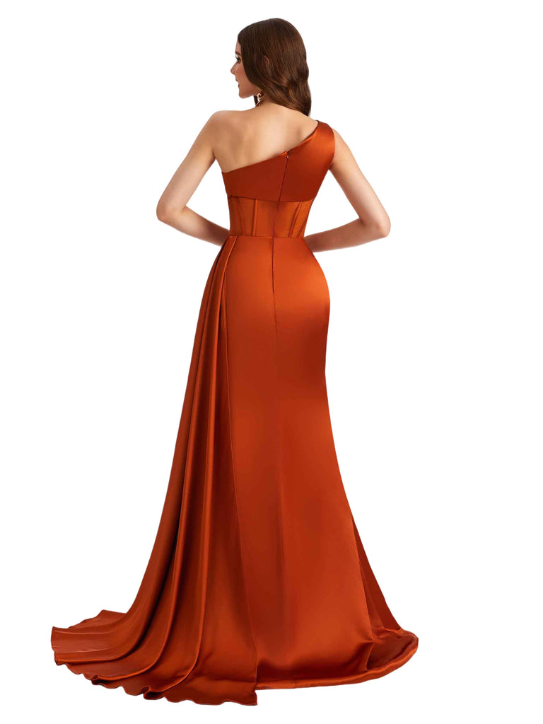 Elegant One Shoulder Silky Satin Side Split Mermaid Long Bridesmaid Dresses Online