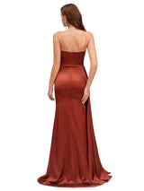 Elegant Sweetheart Silky Satin Lace Mermaid Side Slit Long Bridesmaid Dresses
