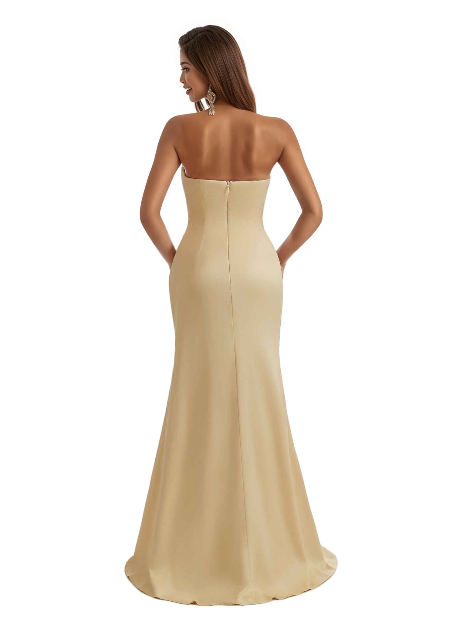 Gorgeous Strapless Mermaid Pleated Silky Satin Long Bridesmaid Dresses Slit Sweetheart