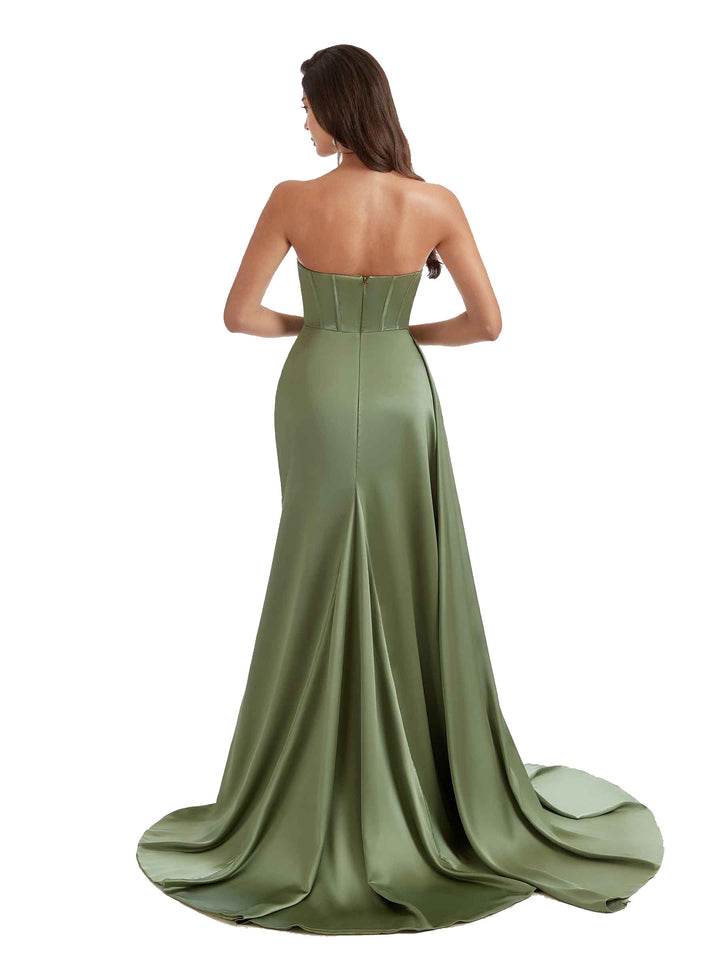 Sexy V-Neck Side Split Mermaid Ruched Satin Pretty Long Bridesmaid Dresses Online