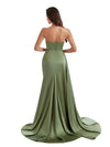Sexy V-Neck Side Split Mermaid Ruched Satin Pretty Long Bridesmaid Dresses Online