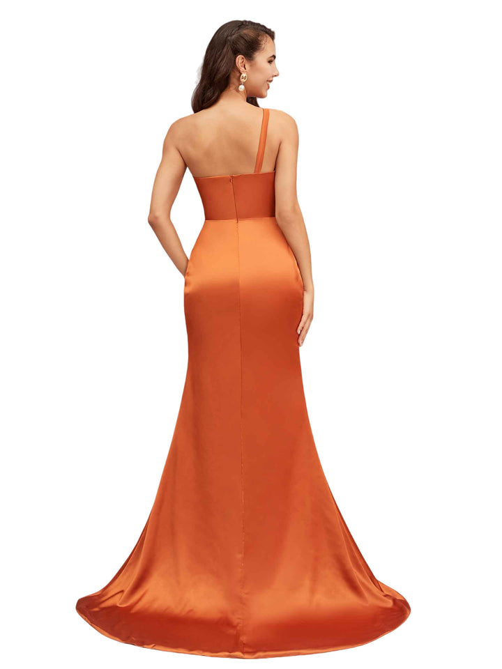 Sexy Side Slit One Shoulder Mermaid Long Soft Satin Bridesmaid Dresses