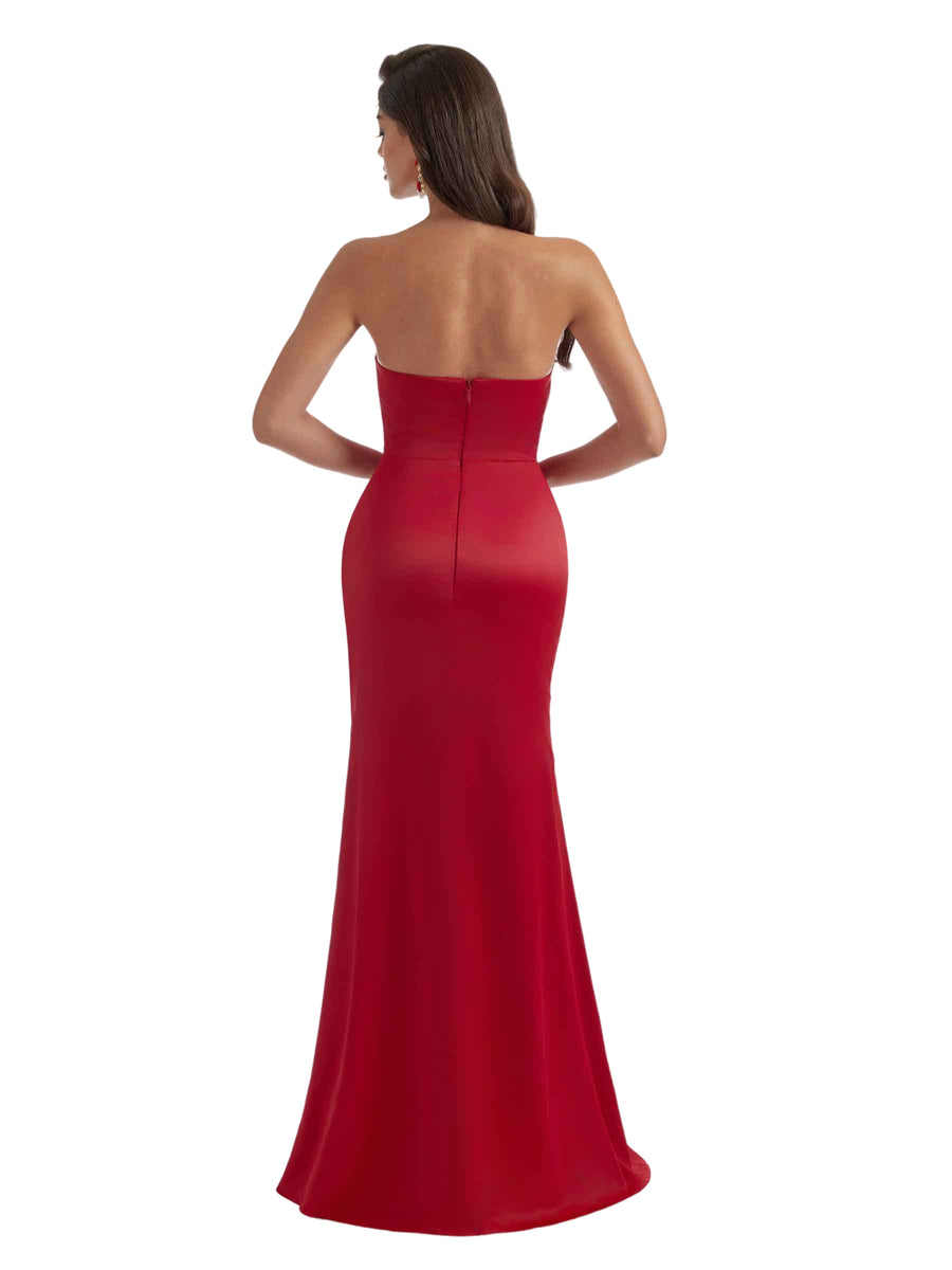Sexy Sweetheart Mermaid Satin Unique Long Bridesmaid Dresses Side Slit