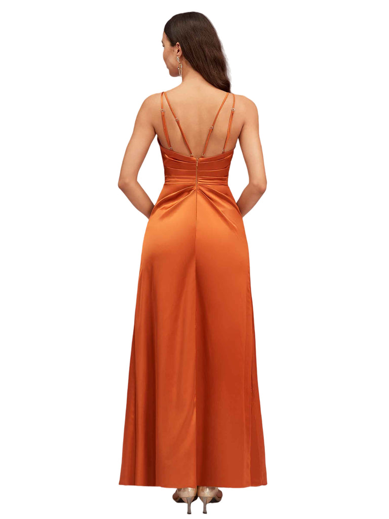 Elegant Spaghetti Straps V-Neck A-Line Soft Satin Ankle-Length Bridesmaid Dresses