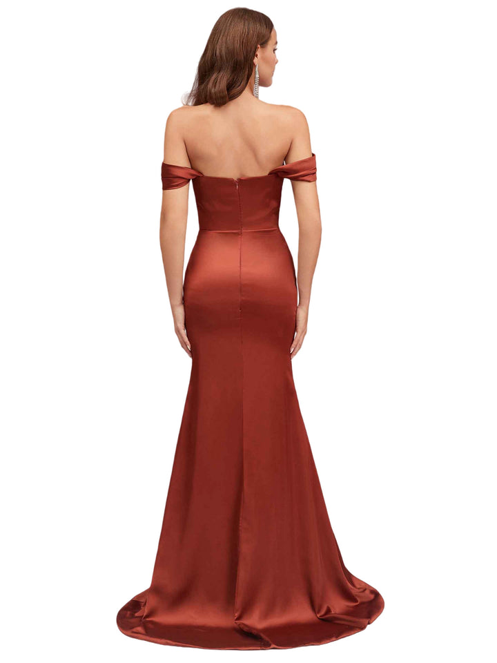 Sexy Off The Shoulder Soft Satin Mermaid Ruched Long Bridesmaid Dresses Online