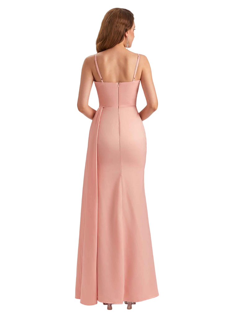 Elegant Asymmetric Spaghetti Straps Silky Satin Mermaid Side Slit Long Bridesmaid Dresses