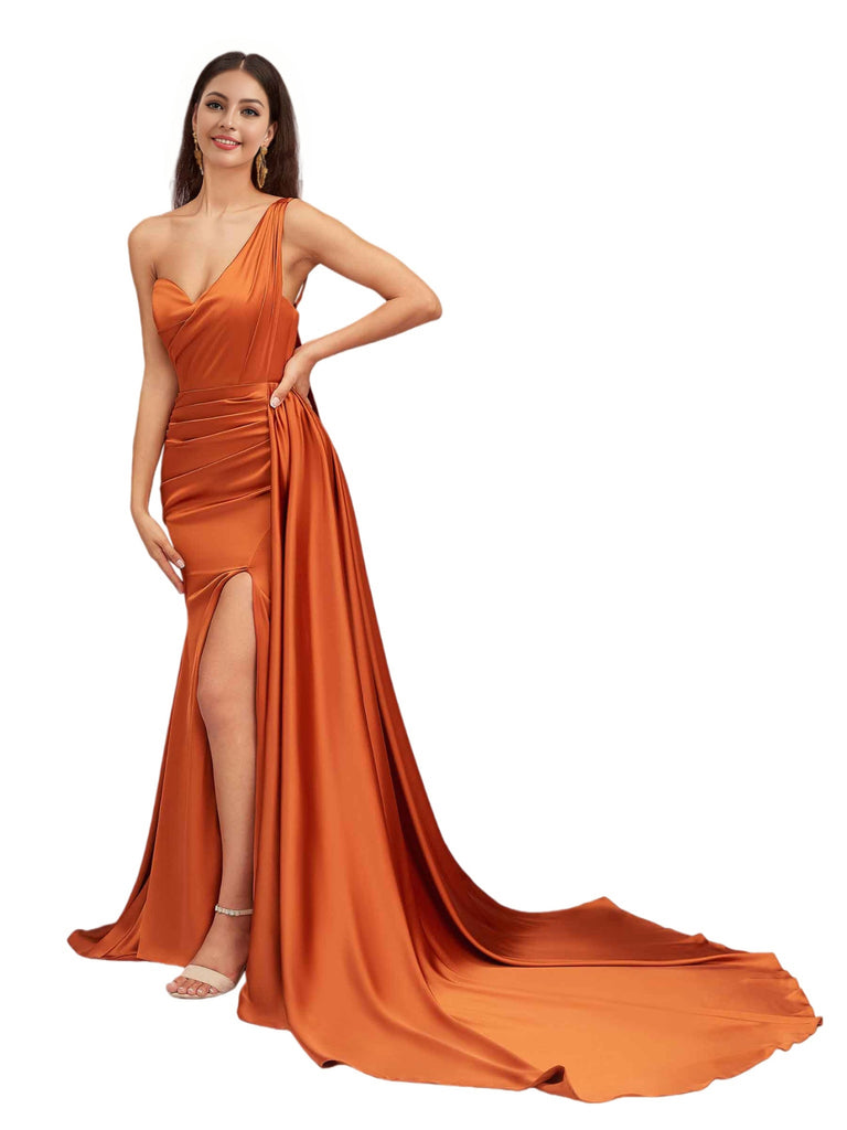 Sexy One Shoulder Side Slit Soft Satin Mermaid Formal Long Bridesmaid Dresses