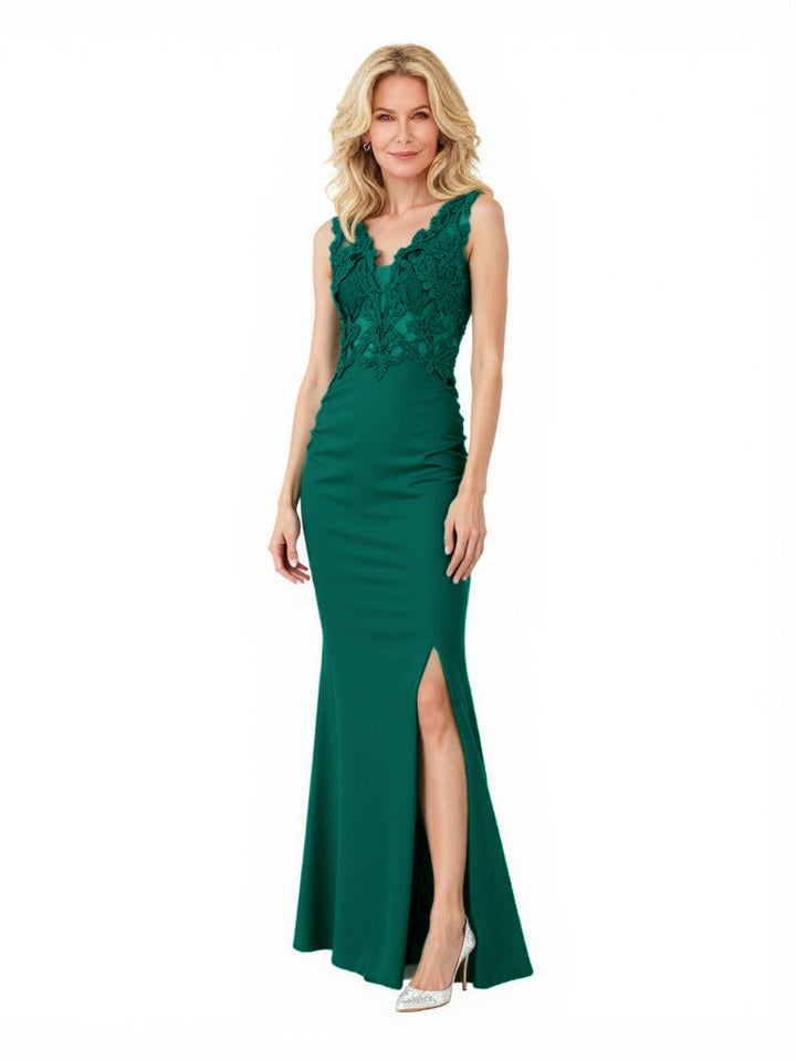 Elegant Crepe V-Neck Side Slit Lace Mermaid Long Mother of the Bride and Groom Dresses