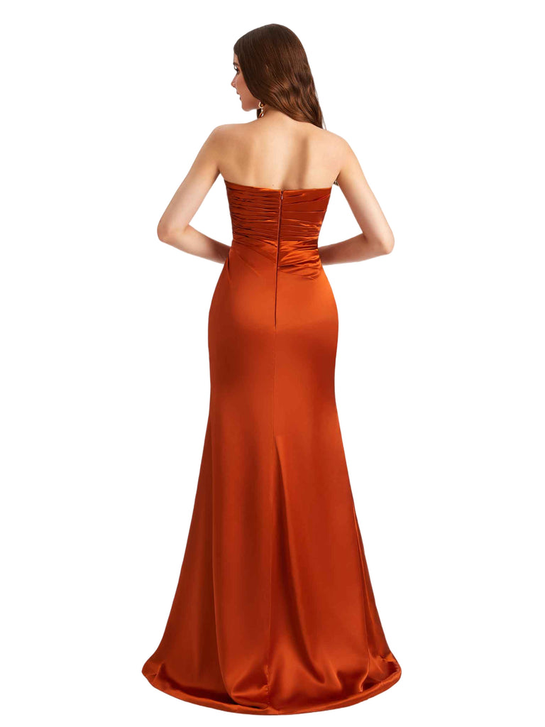 Elegant Sweetheart Strapless Silky Satin Side Split Mermaid Long Bridesmaid Dresses