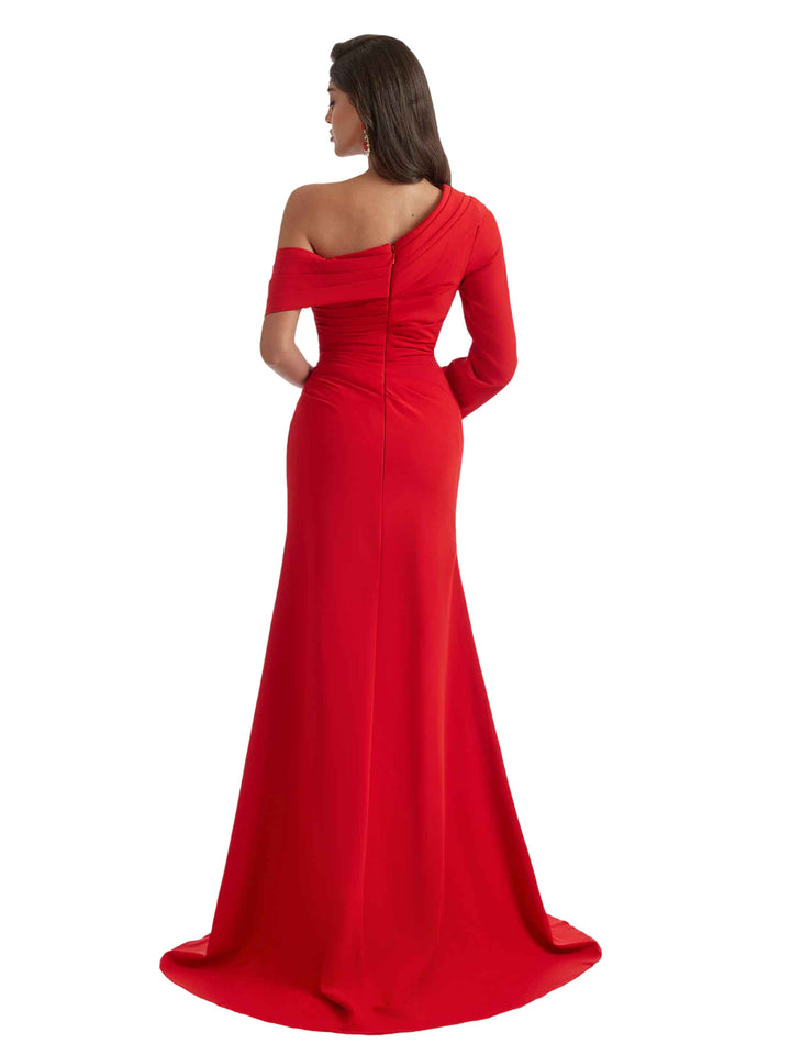 Sexy Asymmetric Mermaid Side Slit One Sleeve Crepe Long Bridesmaid Dress For Wedding