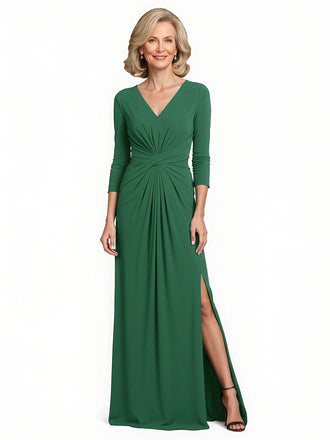 Elegant Chiffon V-Neck Side Slit Ruched Floor Length Mother Of The Bride Dresses