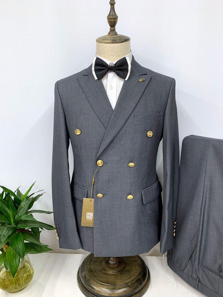 Grey Casual Men's Suit Slim Fit Double Breasted 3 Piece Business Tuxedos CN533