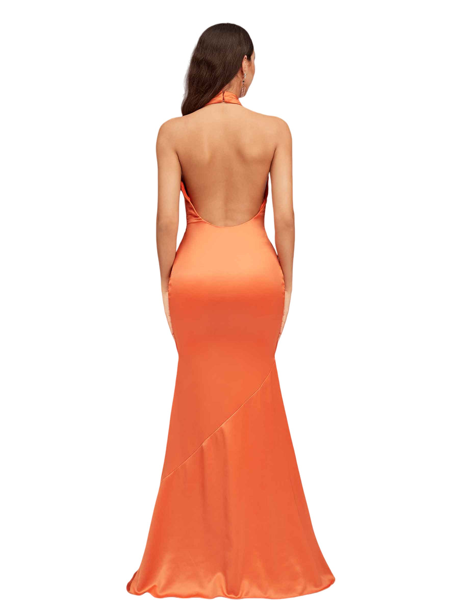 Sexy Halter Mermaid Backless Satin Open Back Floor Length Bridesmaid Dresses Online