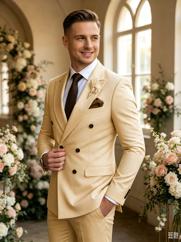 Classic 2 Piece Champagne Men's Suit with Regular Fit and Sophisticated Peak Lapel