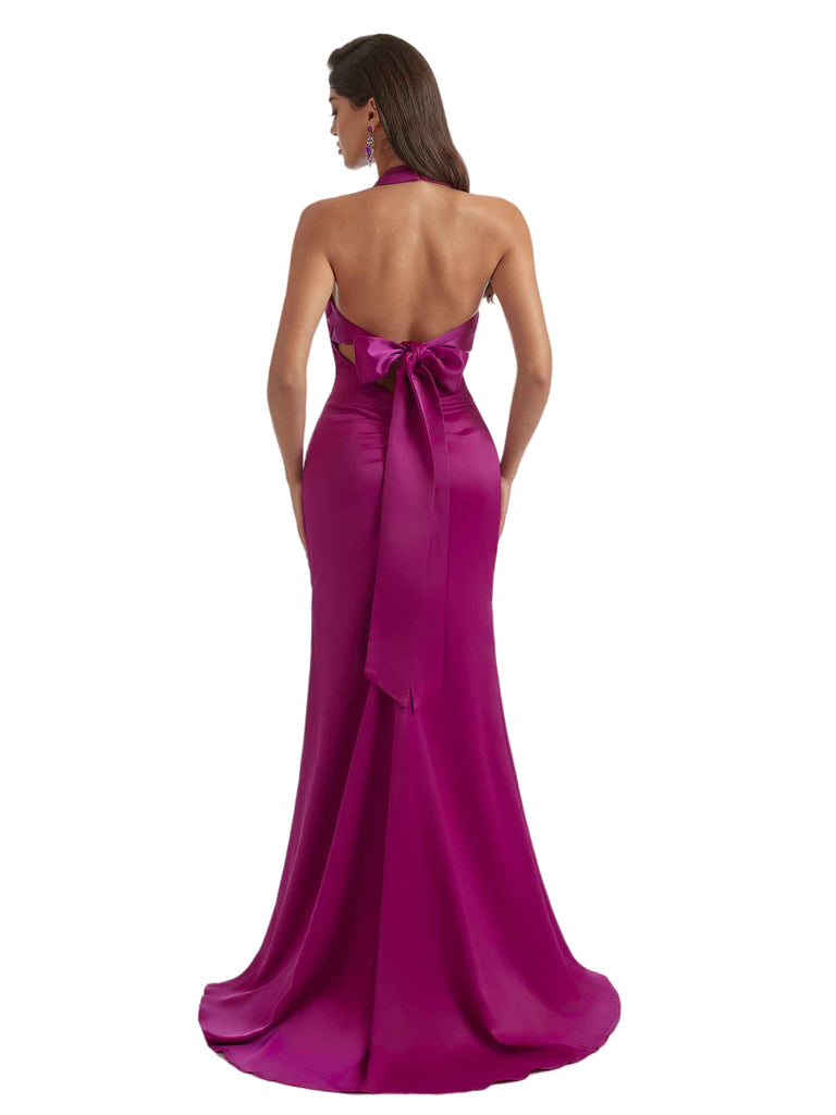Sexy Halter Mermaid Ruched Satin Modern Long Bridesmaid Dresses V-neck Side Split