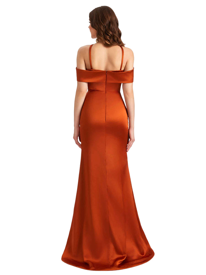 Elegant Off The Shoulder Halter Silky Satin Mermaid Chic Long Bridesmaid Dresses