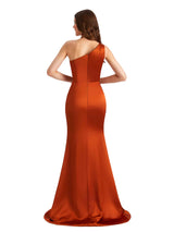 Elegant One Shoulder Silky Satin Side Split Mermaid Ruched Long Bridesmaid Dresses Online