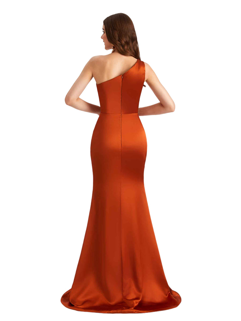 Elegant One Shoulder Silky Satin Side Split Mermaid Ruched Long Bridesmaid Dresses Online