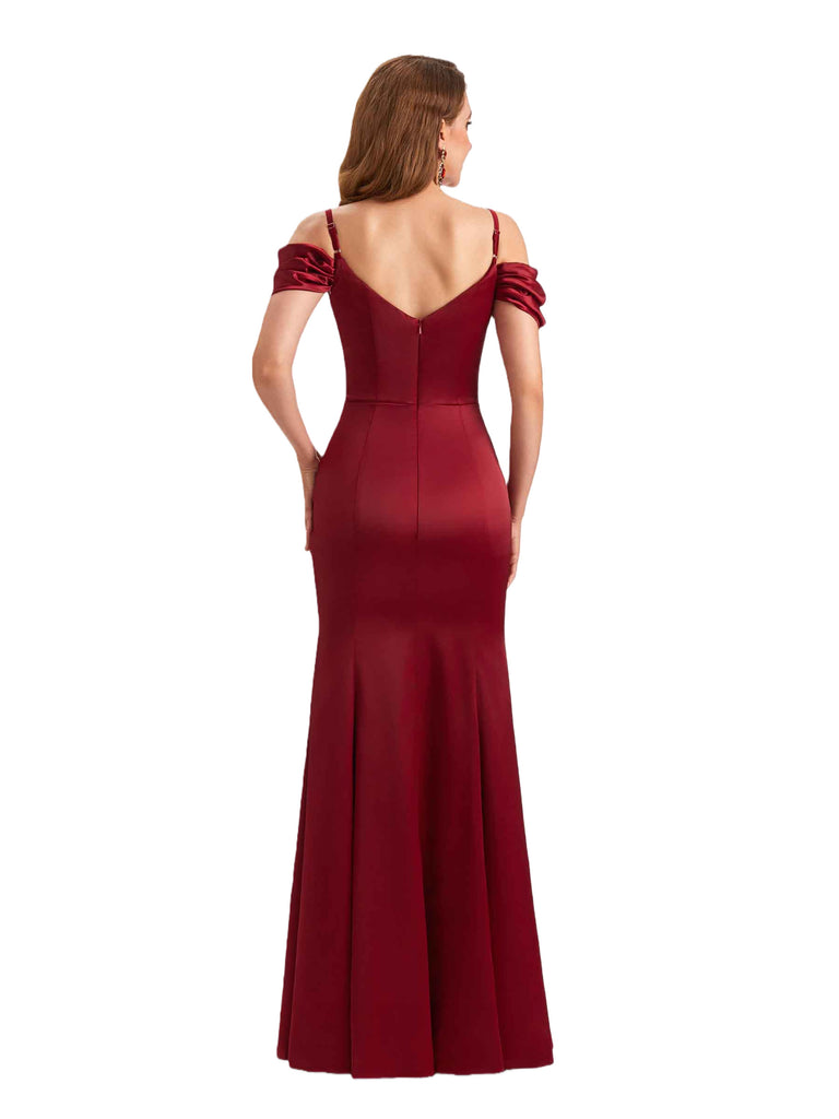 Sexy Cold Shoulder Lace Silky Satin Mermaid Long Bridesmaid Dresses Side Slit