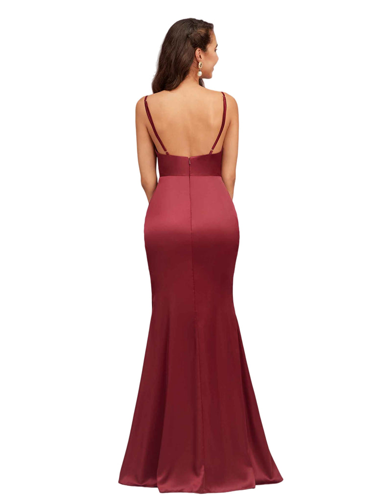 Elegant V-Neck Spaghetti Straps Sleeveless Soft Satin Mermaid Bridesmaid Dresses