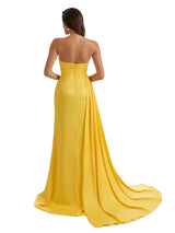 Strapless Sweetheart Mermaid Ruched Satin Chic Long Bridesmaid Dresses Sexy Slit