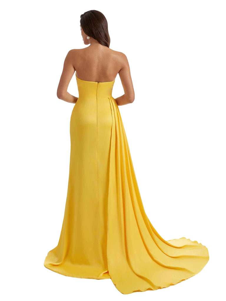 Strapless Sweetheart Mermaid Ruched Satin Chic Long Bridesmaid Dresses Sexy Slit