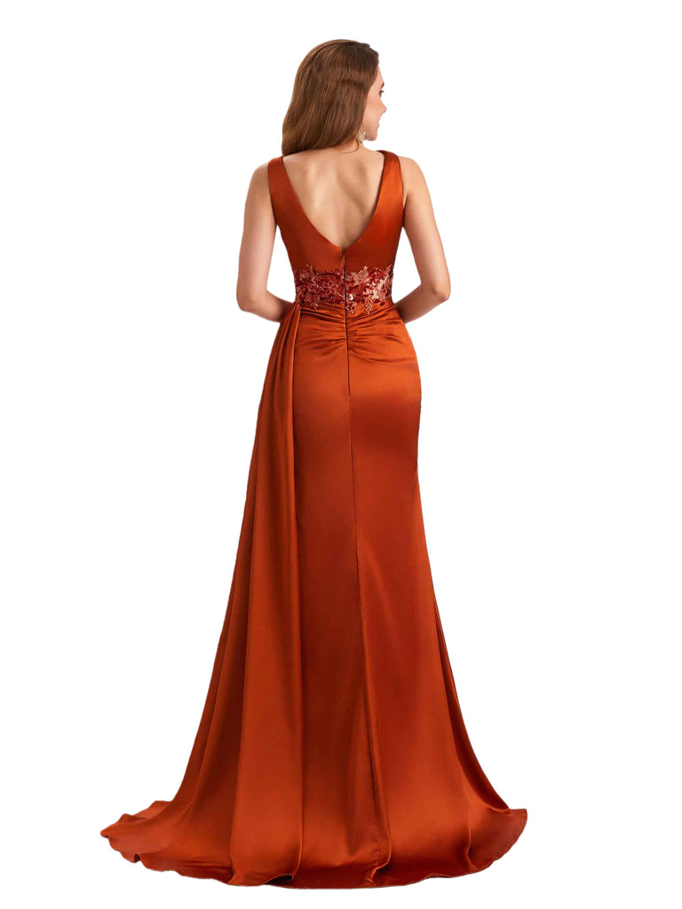 Unique Soft Satin Mermaid Lace Applique Spaghetti Straps Side Slit Long Bridesmaid Dresses Online