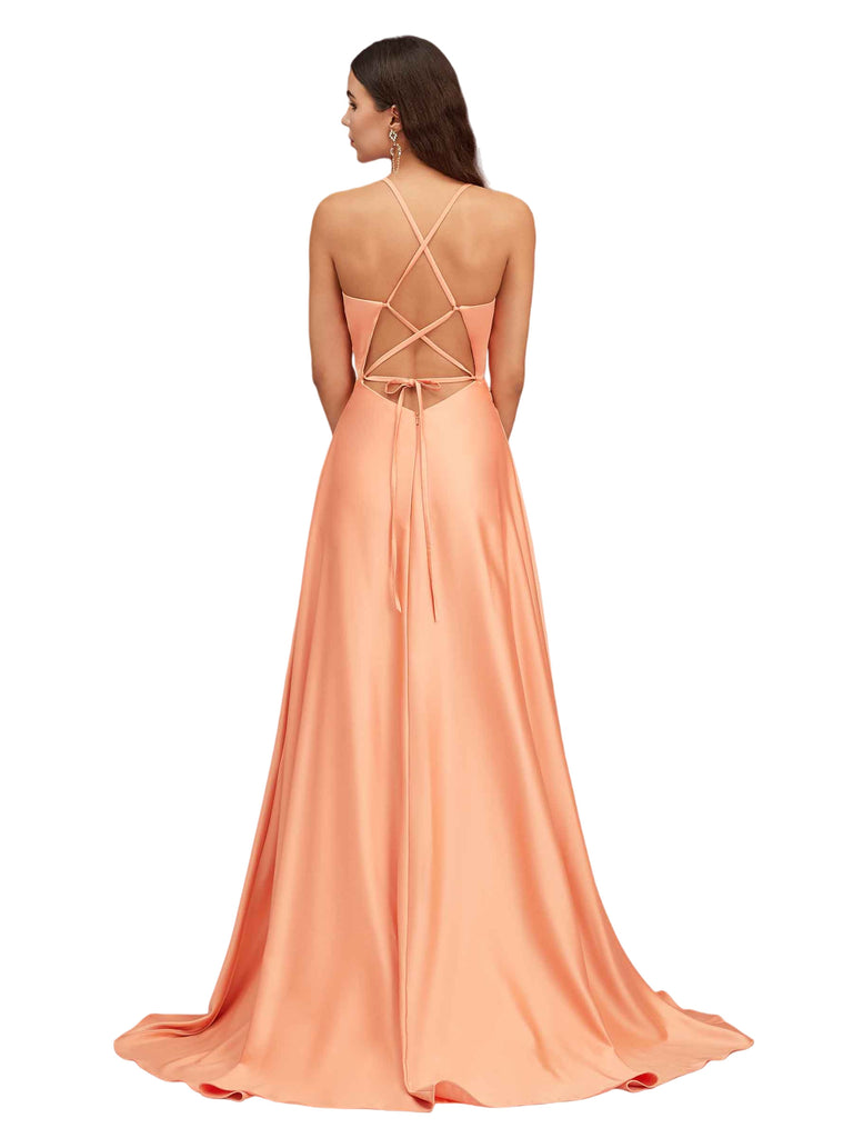 Sexy Spaghetti Straps A-Line Soft Satin Criss cross Side Slit Long Bridesmaid Dresses
