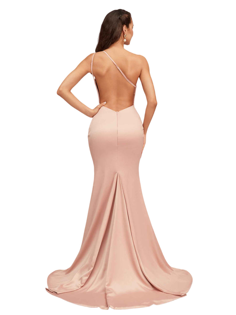 Sexy One Shoulder Soft Satin Open Back Mermaid Long Bridesmaid Dresses Online