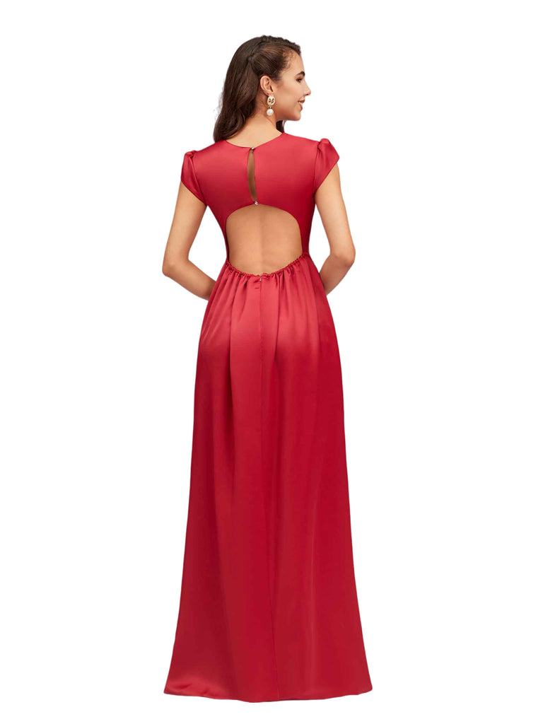 Sexy Open Back Mermaid Jewel Neck Long Soft Satin Bridesmaid Dresses Online