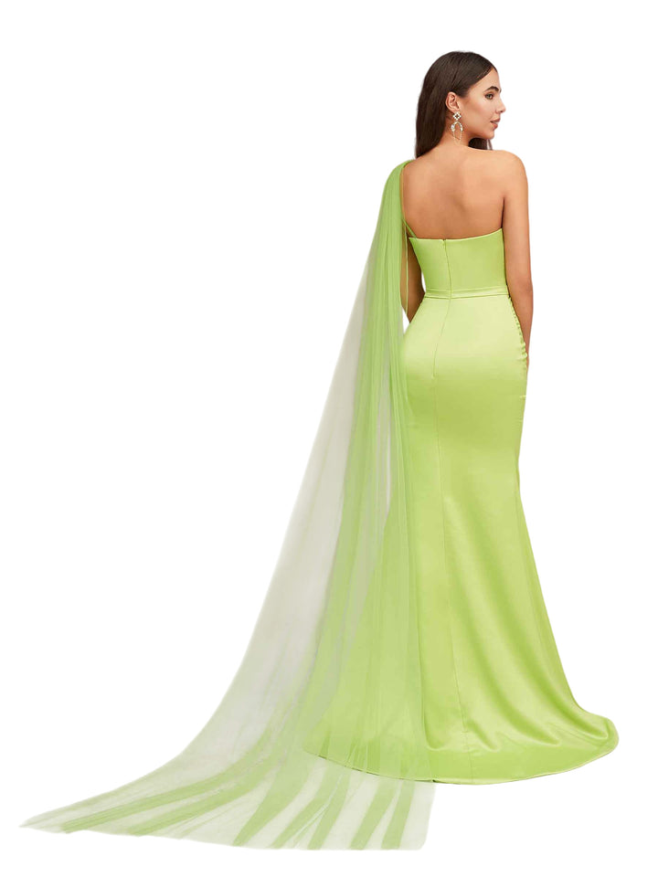 Elegant Mermaid One Shoulder Zipper Back Soft Satin Long Bridesmaid Dresses