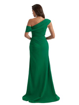 Elegant Asymmetrical One Shoulder Side Split Mermaid Crepe Long Bridesmaid Dresses