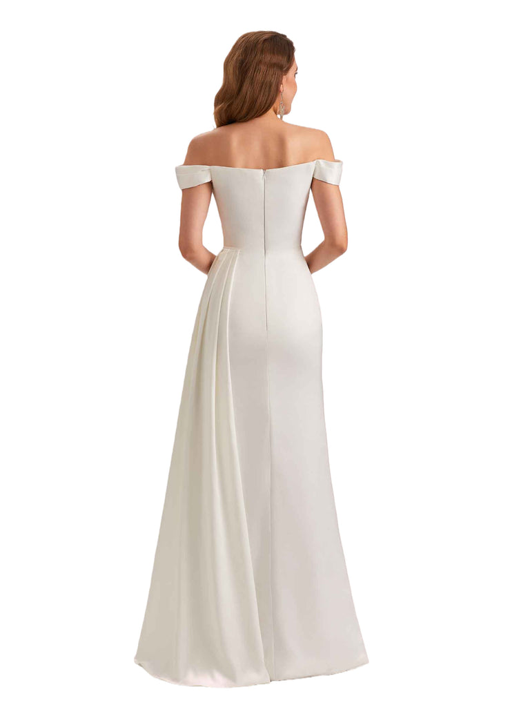 Unique Mermaid Off Shoulder Soft Satin Side Slit Long Bridesmaid Dresses