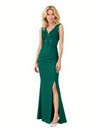 Elegant Crepe V-Neck Side Slit Lace Mermaid Long Mother of the Bride and Groom Dresses