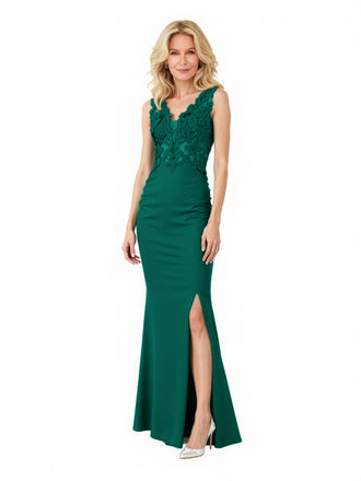 Elegant Soft Satin V-Neck Side Slit Applique Mermaid Long Mother of the Bride Dresses