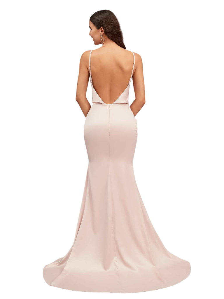 Elegant Spaghetti Straps Mermaid Cowl Neck Backless Soft Satin Long Bridesmaid Dresses
