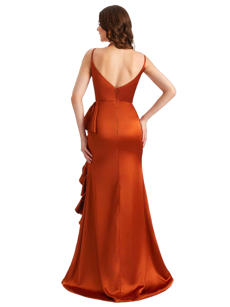 Elegant Spaghetti Straps Ruffles Silky Satin Side Slit Mermaid Boho Long Bridesmaid Dresses