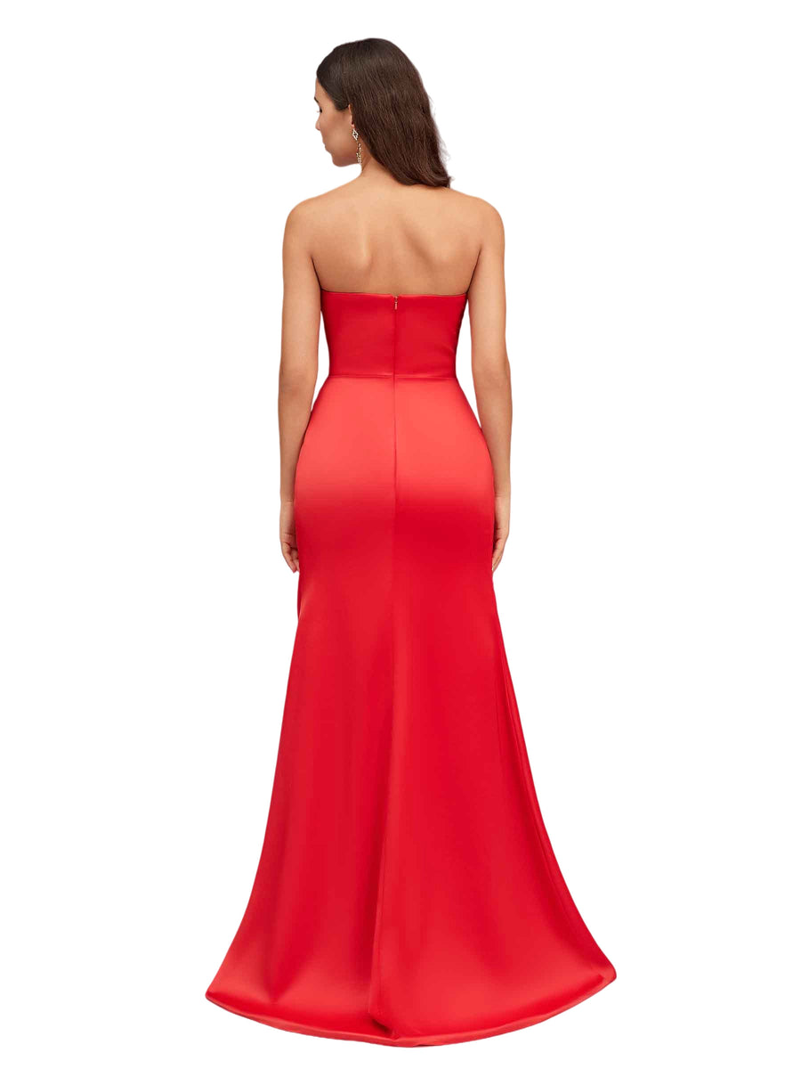 Sexy Front Slit Strapless Sweetheart Mermaid Soft Satin Long Bridesmaid Dresses Online