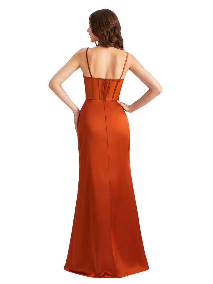 Elegant Silky Satin Side Slit Mermaid Ruched Beauty Long Bridesmaid Dresses Spaghetti Strap