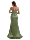 Elegant Lace Spaghetti Strap Side Split Mermaid Ruched Satin Long Bridesmaid Dresses