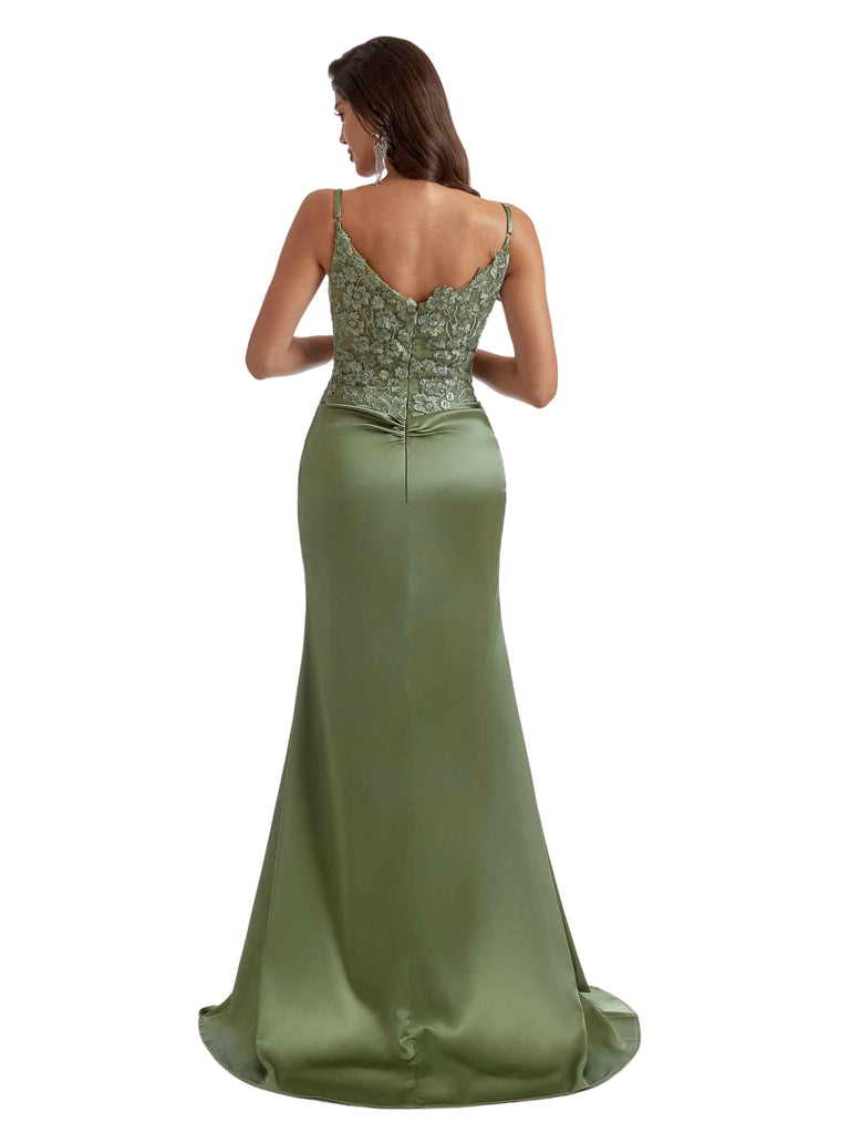 Elegant Lace Spaghetti Strap Side Split Mermaid Ruched Satin Long Bridesmaid Dresses